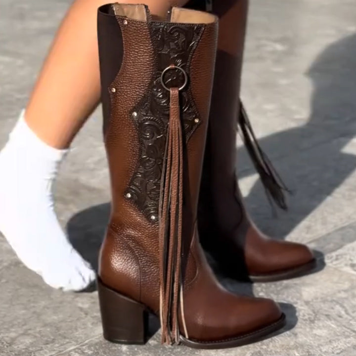 Fringed studded leather boots