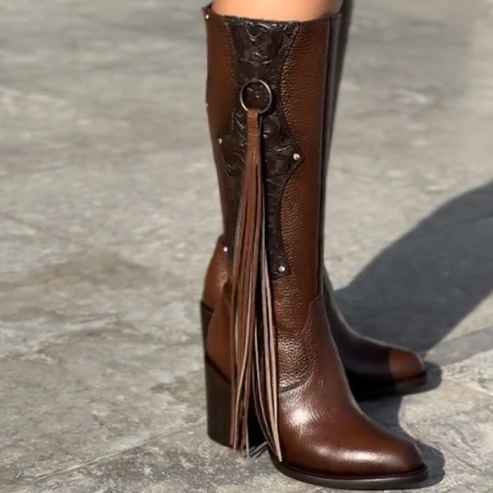 Fringed studded leather boots