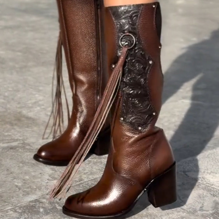 Fringed studded leather boots