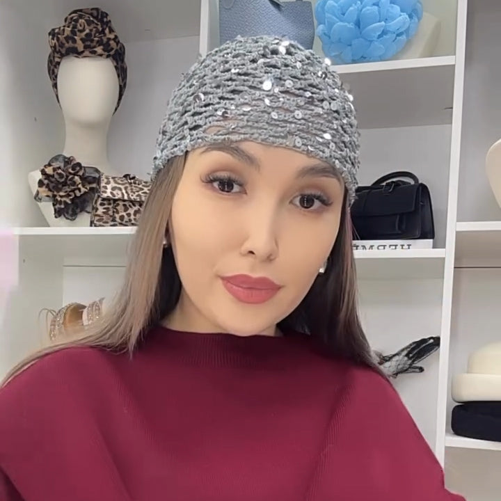 Hand knitted sequin hat