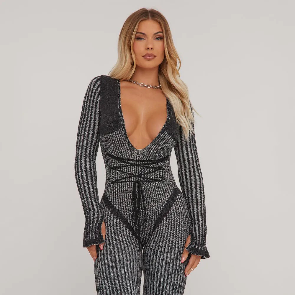 LONG SLEEVE PLUNGE STRAPPY WAIST DETAIL SPLIT LEG JUMPSUIT