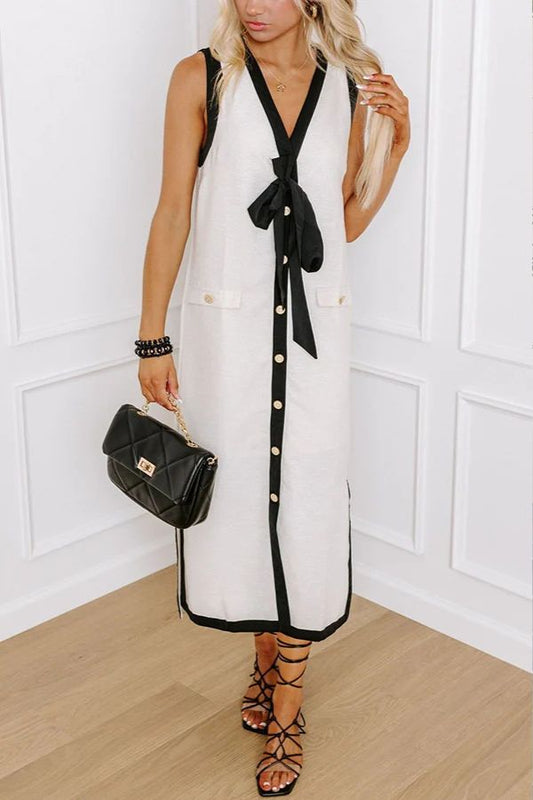 The Yacht Club Colorblock Elegant Bow and Button Detail Loose Midi Dress