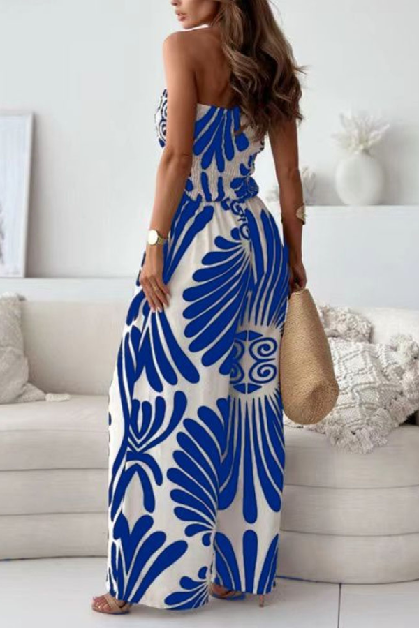 Fashion Printed Strapless Waisted Wide-Leg Jumpsuit