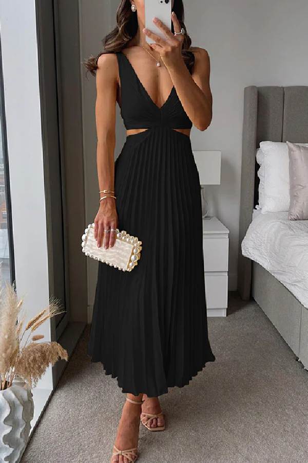 V Neck Cut Out Waist Sleeveless Pleated Maxi Dress