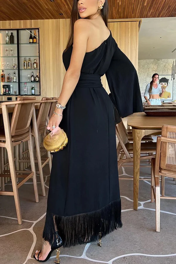 Solid Color One-sleeve Waisted Lace-up Fringed Hem Elegant Maxi Dress