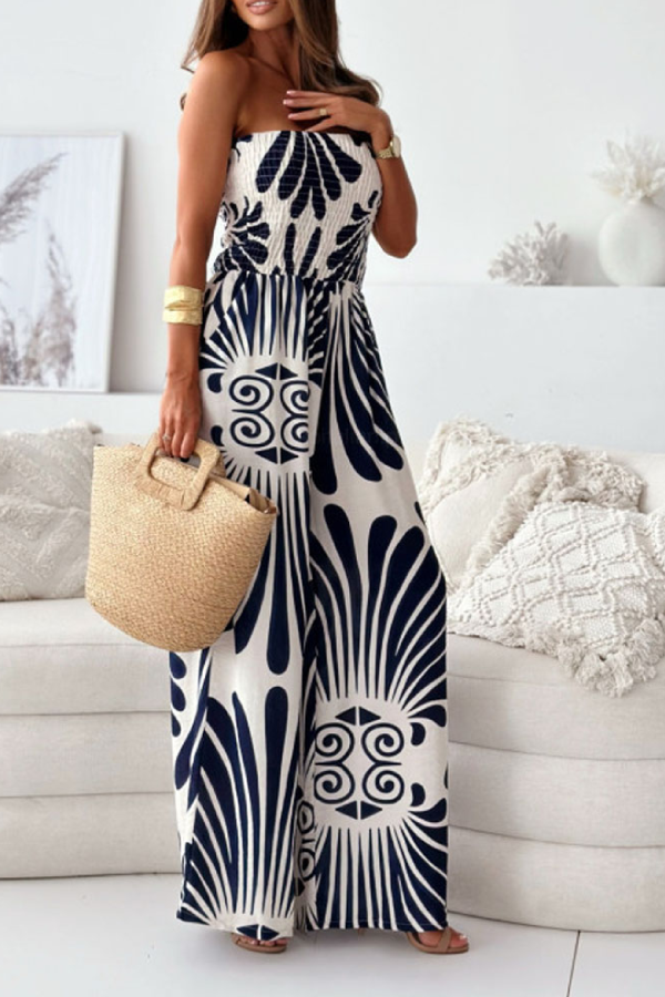 Fashion Printed Strapless Waisted Wide-Leg Jumpsuit