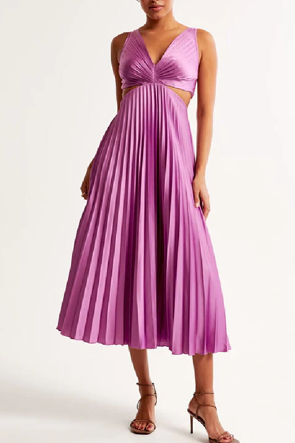 V Neck Cut Out Waist Sleeveless Pleated Maxi Dress