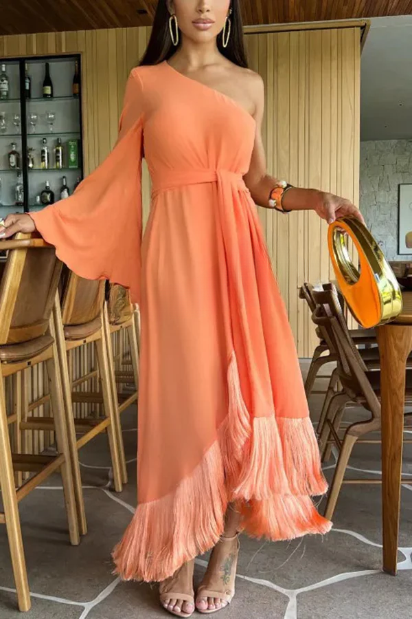 Solid Color One-sleeve Waisted Lace-up Fringed Hem Elegant Maxi Dress