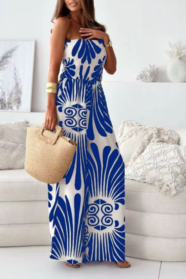 Fashion Printed Strapless Waisted Wide-Leg Jumpsuit