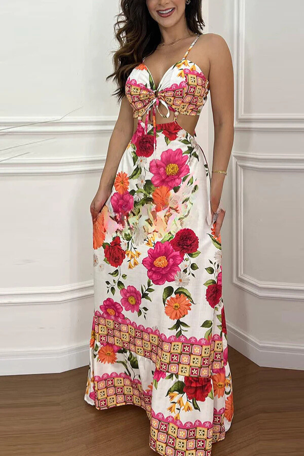 Mexico Style Tropical Print Ring Cutout Lace-up Vacation Maxi Dress