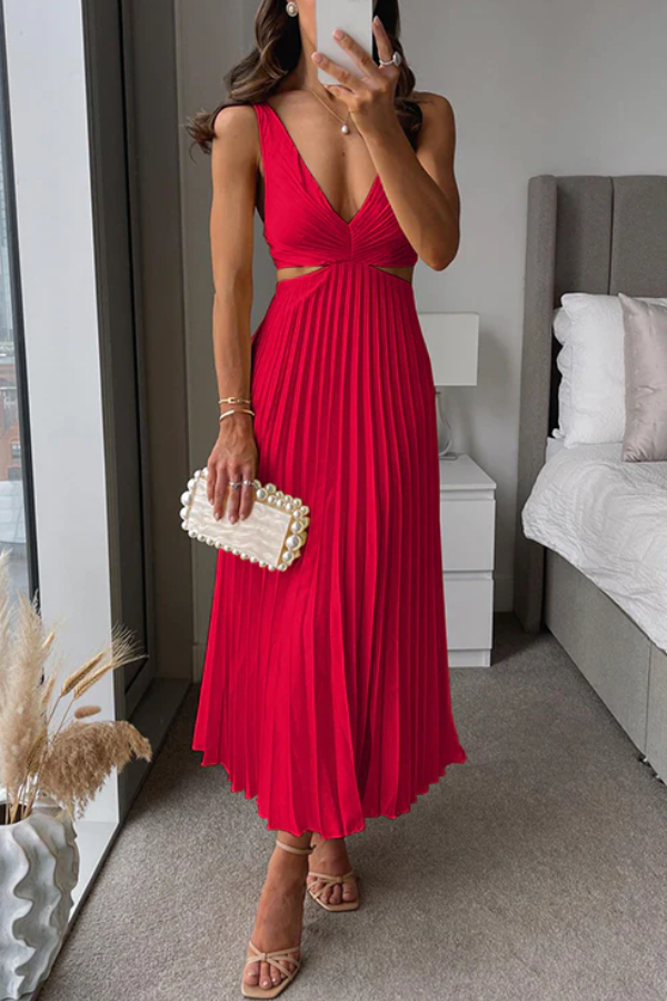 V Neck Cut Out Waist Sleeveless Pleated Maxi Dress