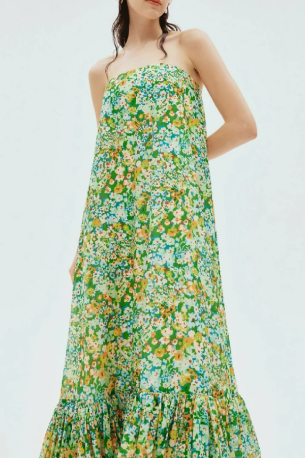 Green Floral Strapless Loose Dress