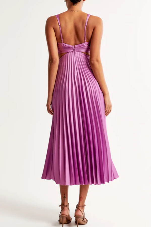 V Neck Cut Out Waist Sleeveless Pleated Maxi Dress