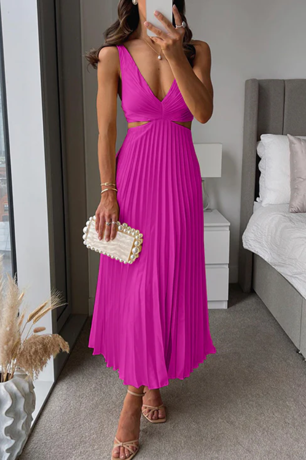 V Neck Cut Out Waist Sleeveless Pleated Maxi Dress