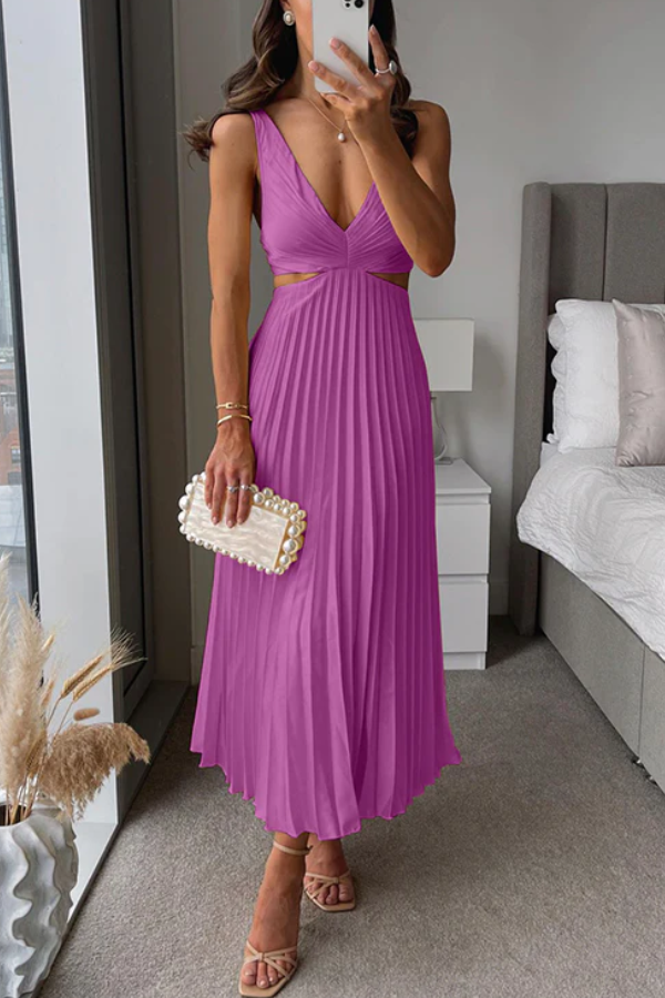 V Neck Cut Out Waist Sleeveless Pleated Maxi Dress