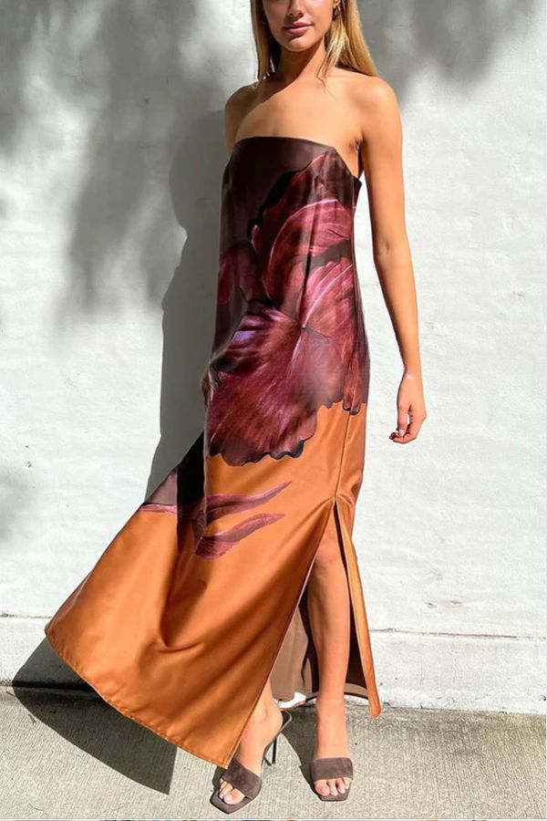 Floral Print Sexy Elastic Bandeau Slit Midi Dress