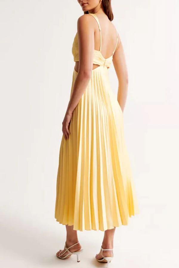 V Neck Cut Out Waist Sleeveless Pleated Maxi Dress