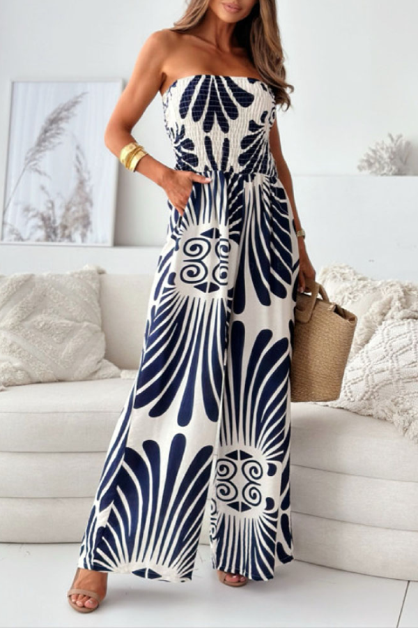 Fashion Printed Strapless Waisted Wide-Leg Jumpsuit