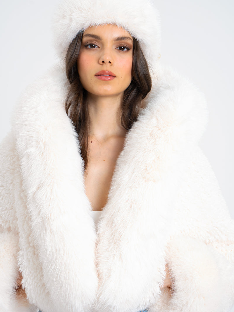 Cropped Faux Fur Jacket With Hood