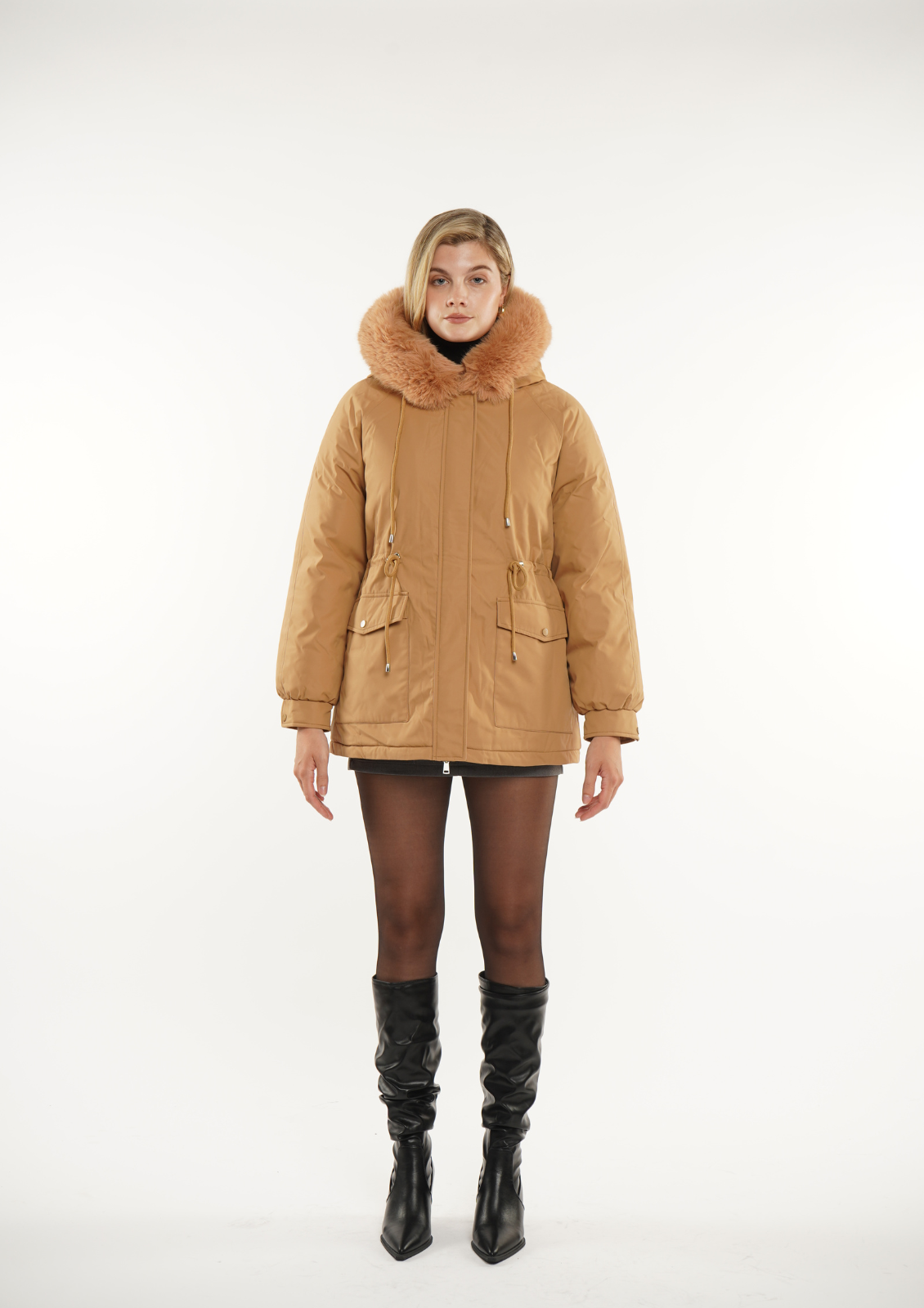 Fur Mid-Length Hooded Drawstring Parka Splashproof