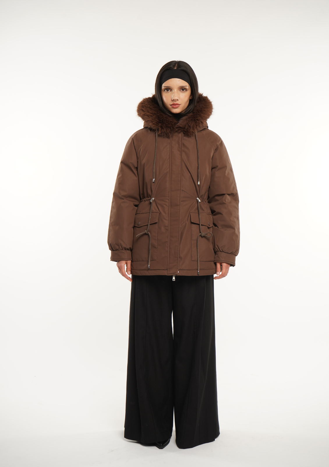 Fur Mid-Length Hooded Drawstring Parka Splashproof