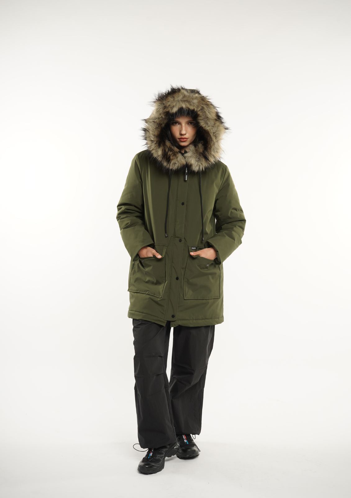 Fur Mid-Length Hooded Parka With Large Pockets Splashproof