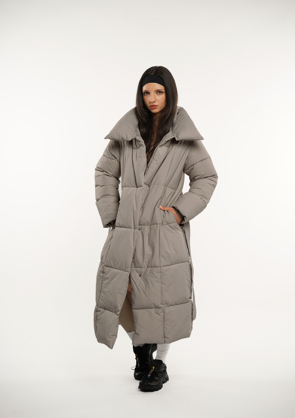 Extra Long Length Belted Button Puffer Jacket Splashproof