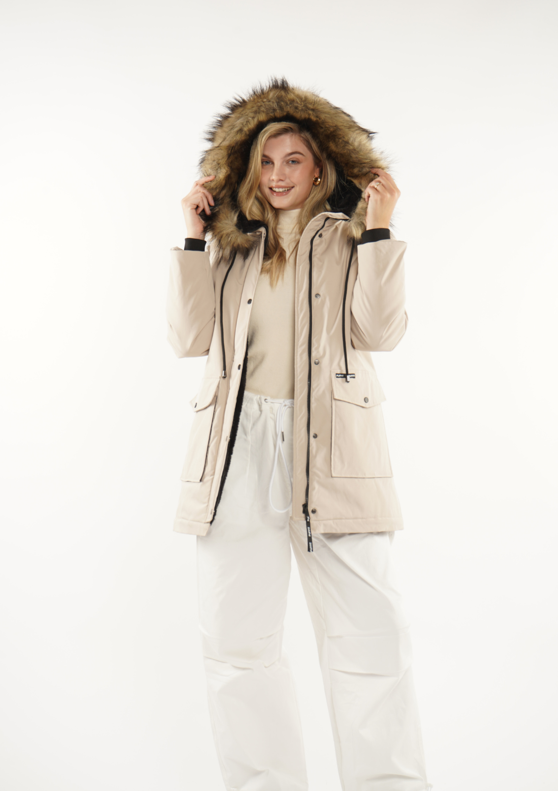 Fur Mid-Length Hooded Parka With Large Pockets Splashproof