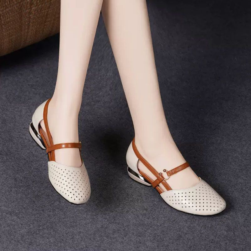 Baotou genuine leather hollow flat shoes for women