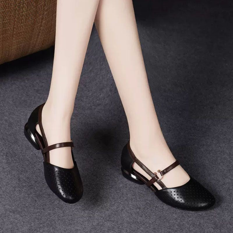 Baotou genuine leather hollow flat shoes for women