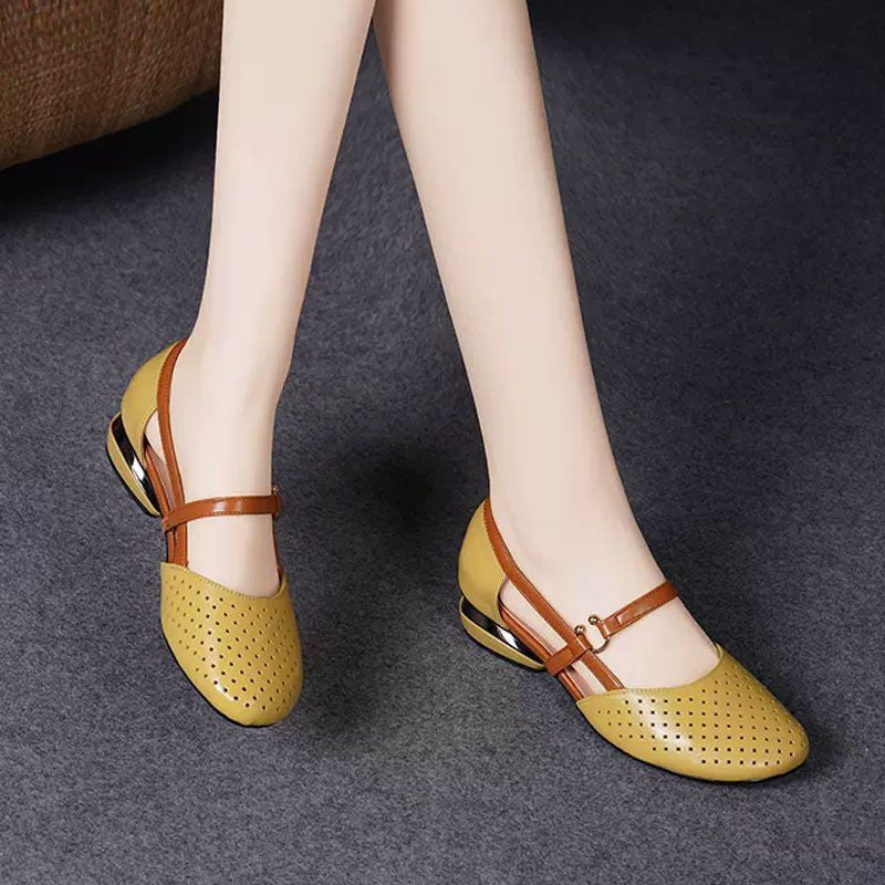 Baotou genuine leather hollow flat shoes for women