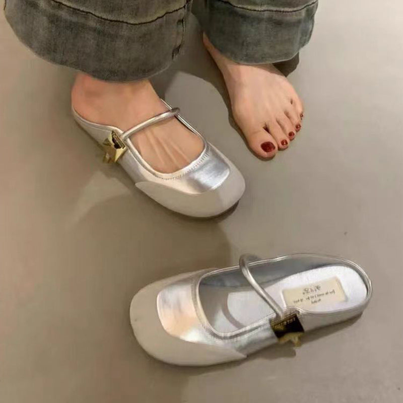 Mary Jane Korean style women's sandals flat toe toe half slippers