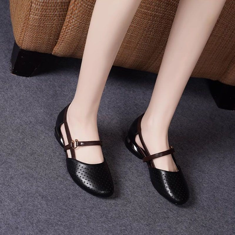 Baotou genuine leather hollow flat shoes for women