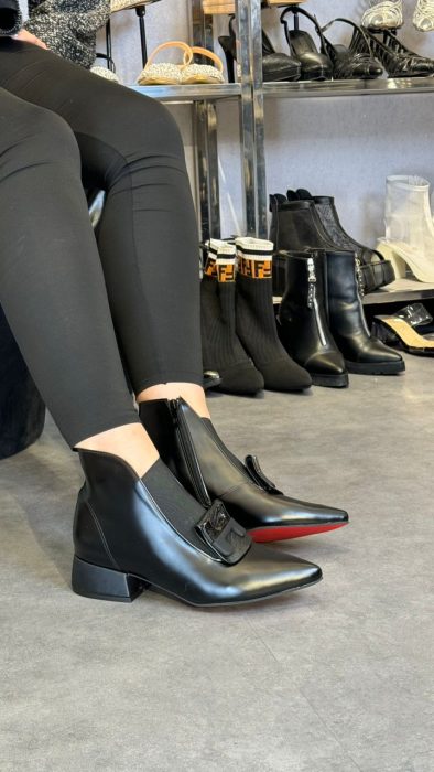 Black red sole low heel fashion boots for women