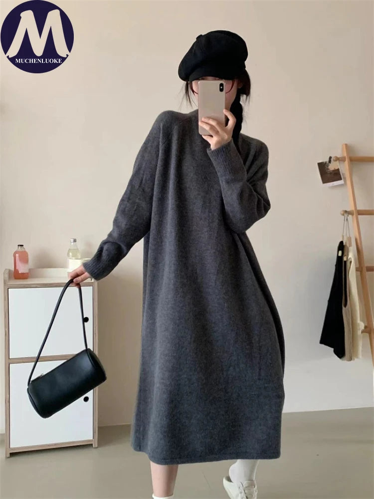 Women's Loose Mid Length O-Neck Knitted Bottom Dress