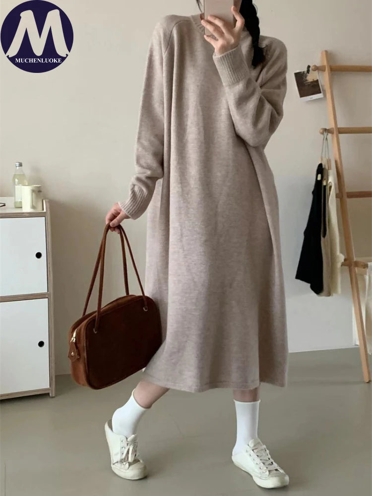 Women's Loose Mid Length O-Neck Knitted Bottom Dress