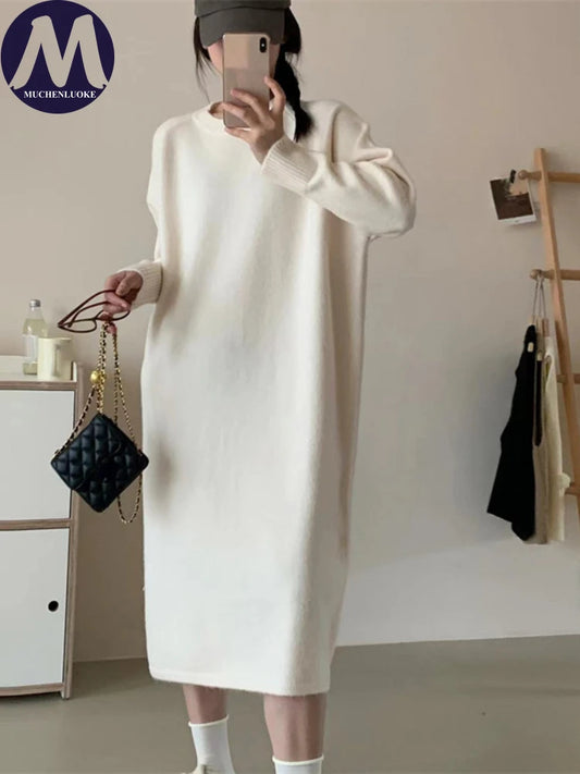 Women's Loose Mid Length O-Neck Knitted Bottom Dress