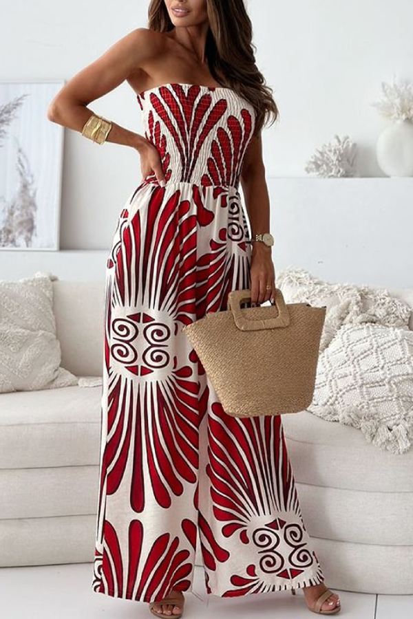 Fashion Printed Strapless Waisted Wide-Leg Jumpsuit