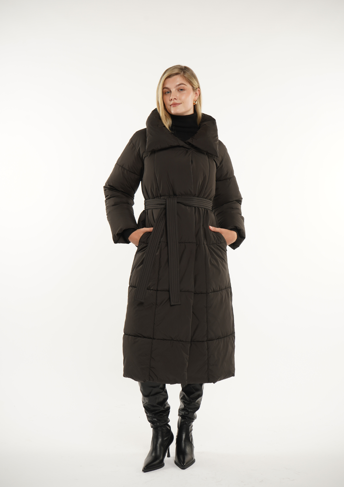 Extra Long Length Belted Button Puffer Jacket Splashproof