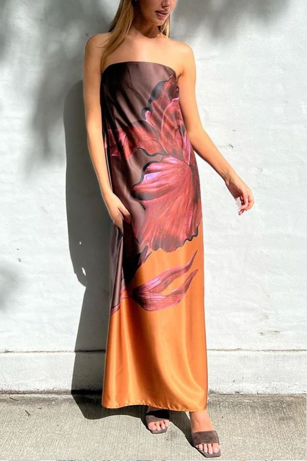 Floral Print Sexy Elastic Bandeau Slit Midi Dress