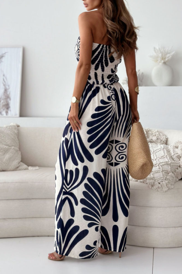 Fashion Printed Strapless Waisted Wide-Leg Jumpsuit