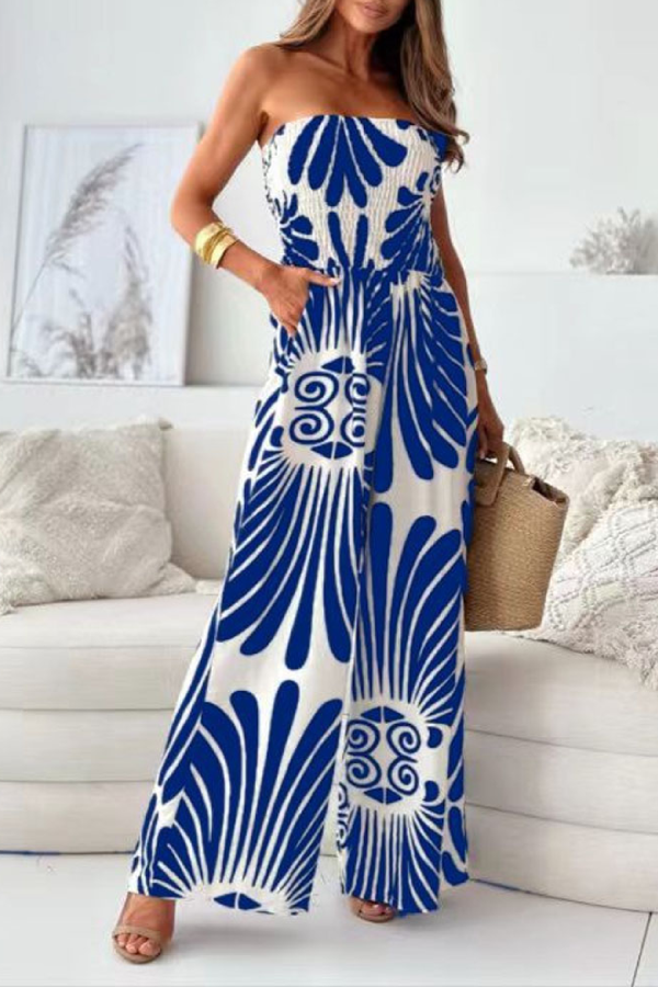 Fashion Printed Strapless Waisted Wide-Leg Jumpsuit