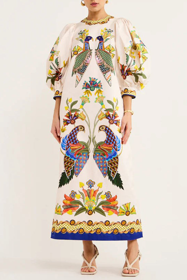 Garden Party Unique Heaven Bird Print Puff Sleeve Pocketed Loose Midi Dress