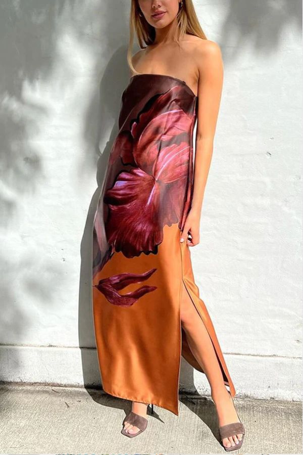 Floral Print Sexy Elastic Bandeau Slit Midi Dress