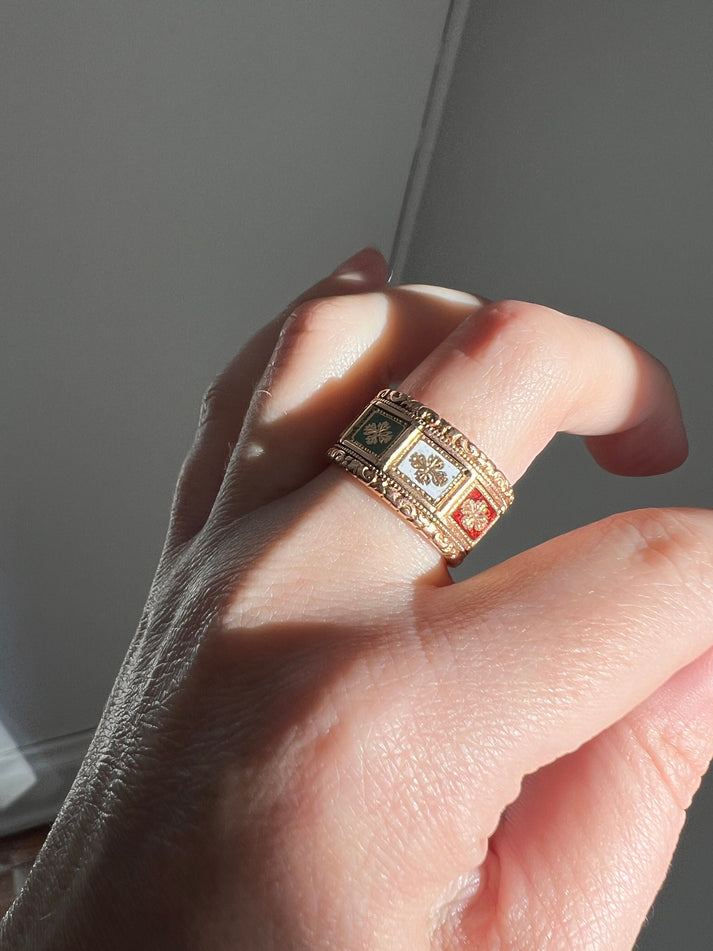 OPENING Panels GEORGIAN Antique Ring Heavy 9.2g 18k Gold Wide Band RARE Multi Colorful Enamel