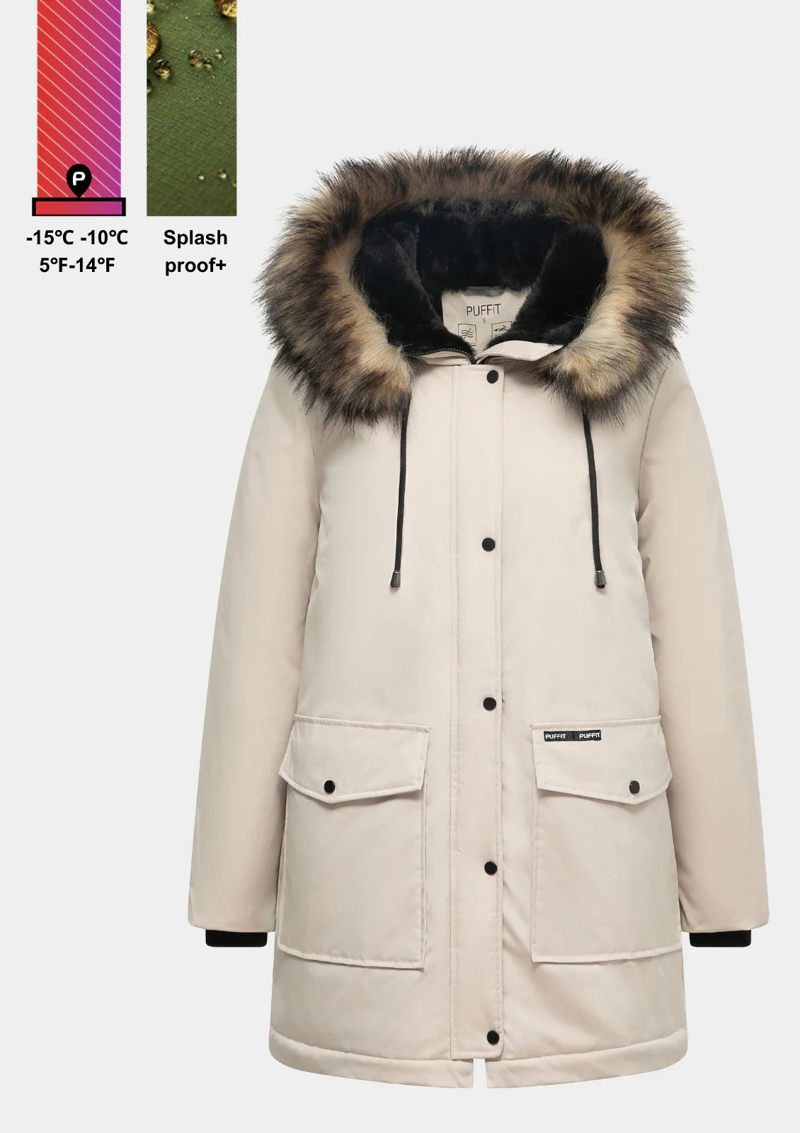 Fur Mid-Length Hooded Parka With Large Pockets Splashproof