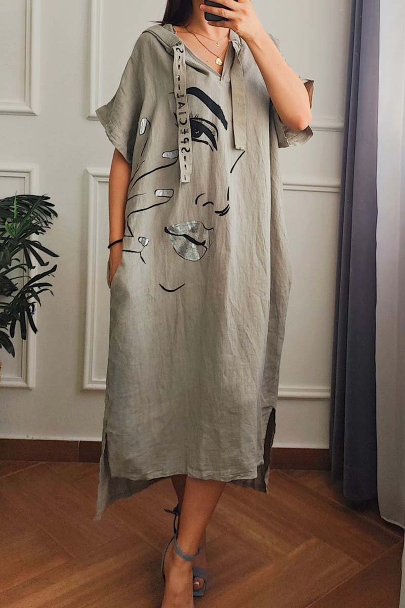 Women's casual hooded cotton and linen dress