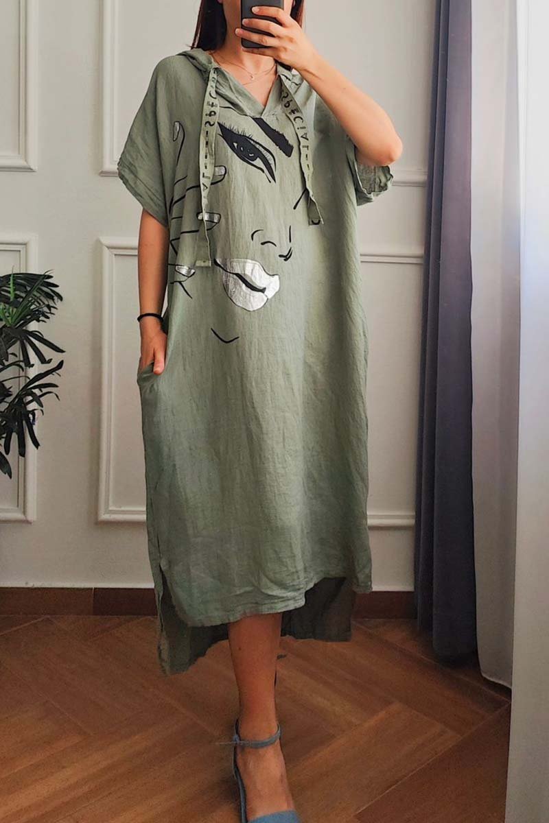 Women's casual hooded cotton and linen dress