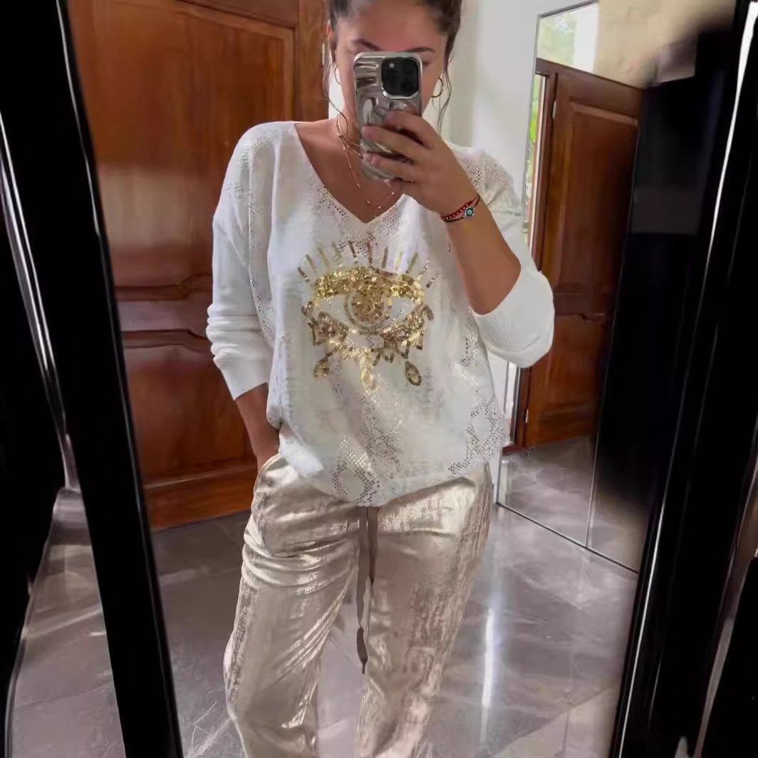 FASHIONABLE SEQUIN TOP AND TROUSERS