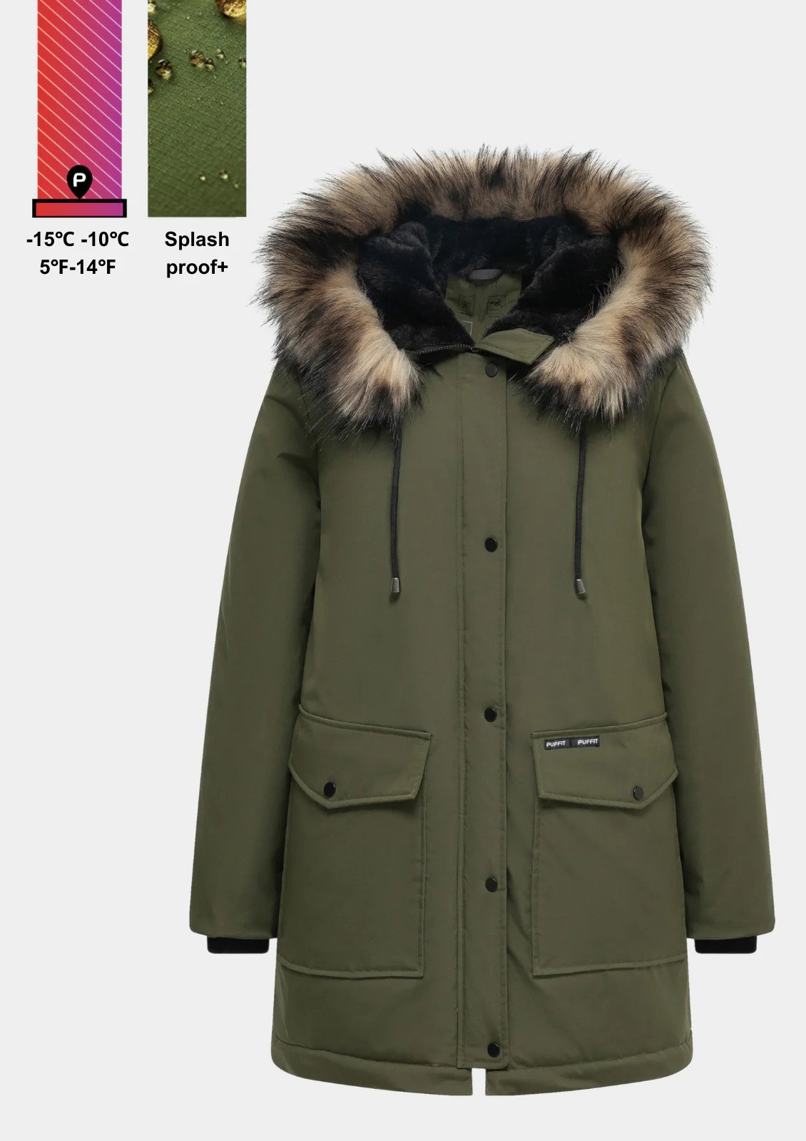 Fur Mid-Length Hooded Parka With Large Pockets Splashproof